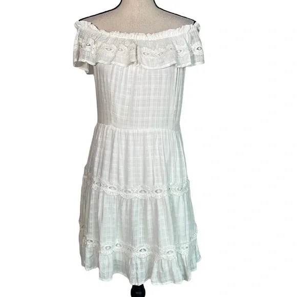 Xhilaration | Dresses | Xhilaration White Off The Shoulder Ruffle Tiered  Lace Mini Dress M | Poshmark